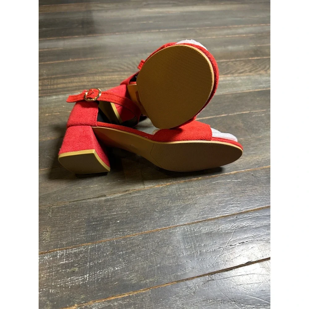 Womens Red Faux Suede Block Heel Ankle Strap Sandals Open Toe Party Shoes